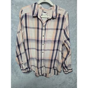 SO Favorite Button-Down Shirt Womens Large Plaid Cotton Modal Purple Orange L